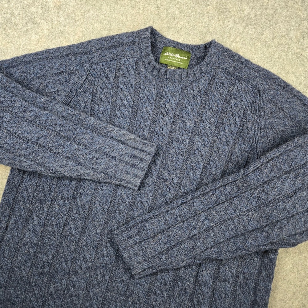 Eddie Bauer Sweater Mens‎ XL Blue 100% Wool Cable Knit Fisherman Fleck Heritage